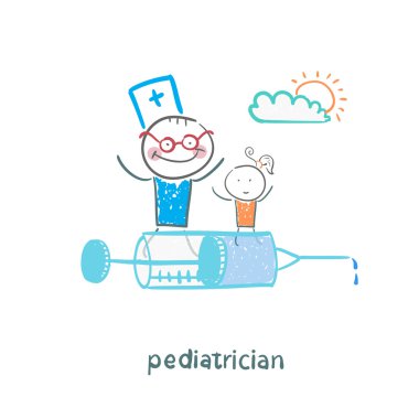 Çocuk doktoru bir şırınga üzerinde uçuyor