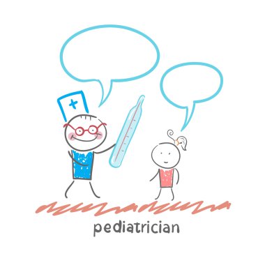 çocuk doktoru çocuğun sıcaklık kontrol eder.