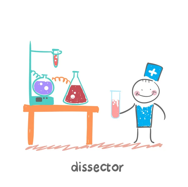 Disector de pie junto a los frascos — Vector de stock