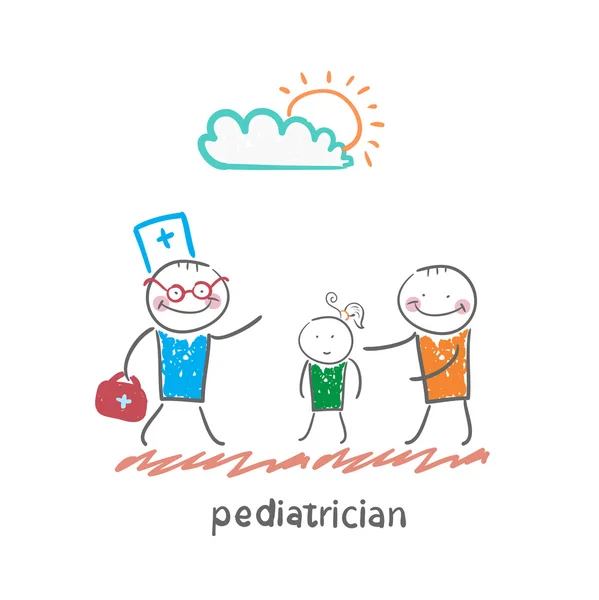Pediatra lleva a papá con un niño enfermo — Archivo Imágenes Vectoriales