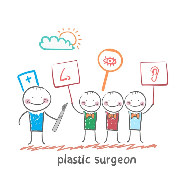 Plastic surgeon  looks at people with placards — Stock Vector