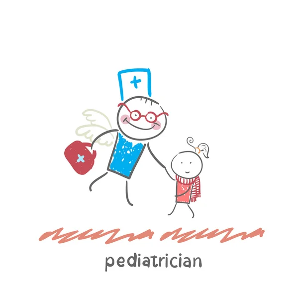 Pediatrician flies to a sick child — Stock Vector