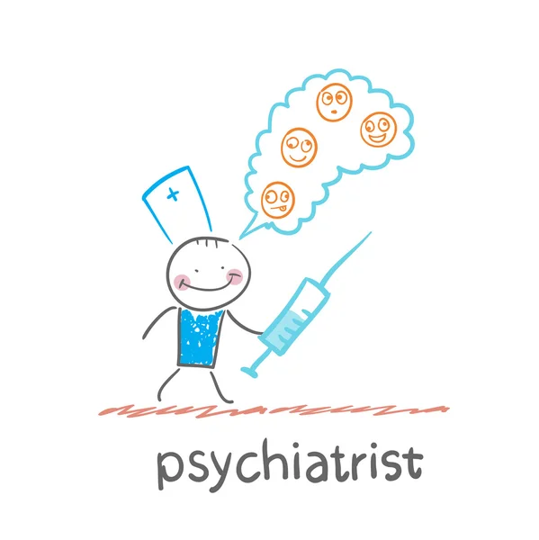 Psychiatrist with a syringe thinks — Stock Vector