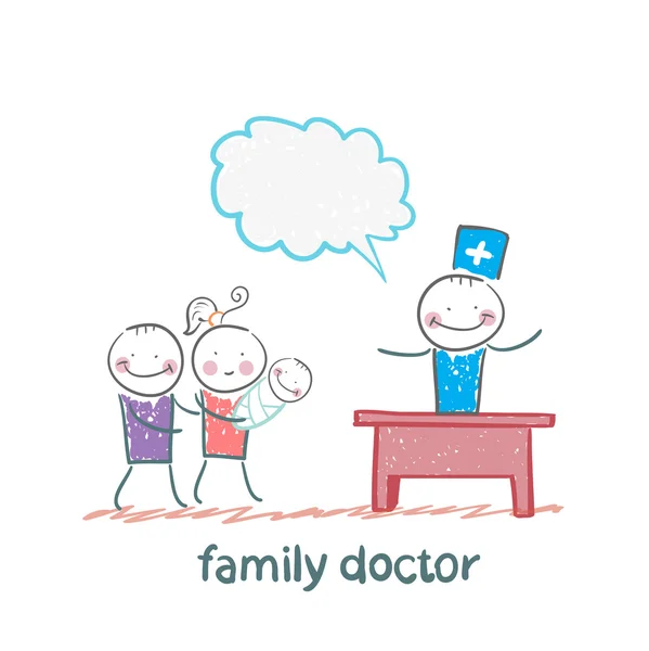Family doctor treats the mother — Stock Vector