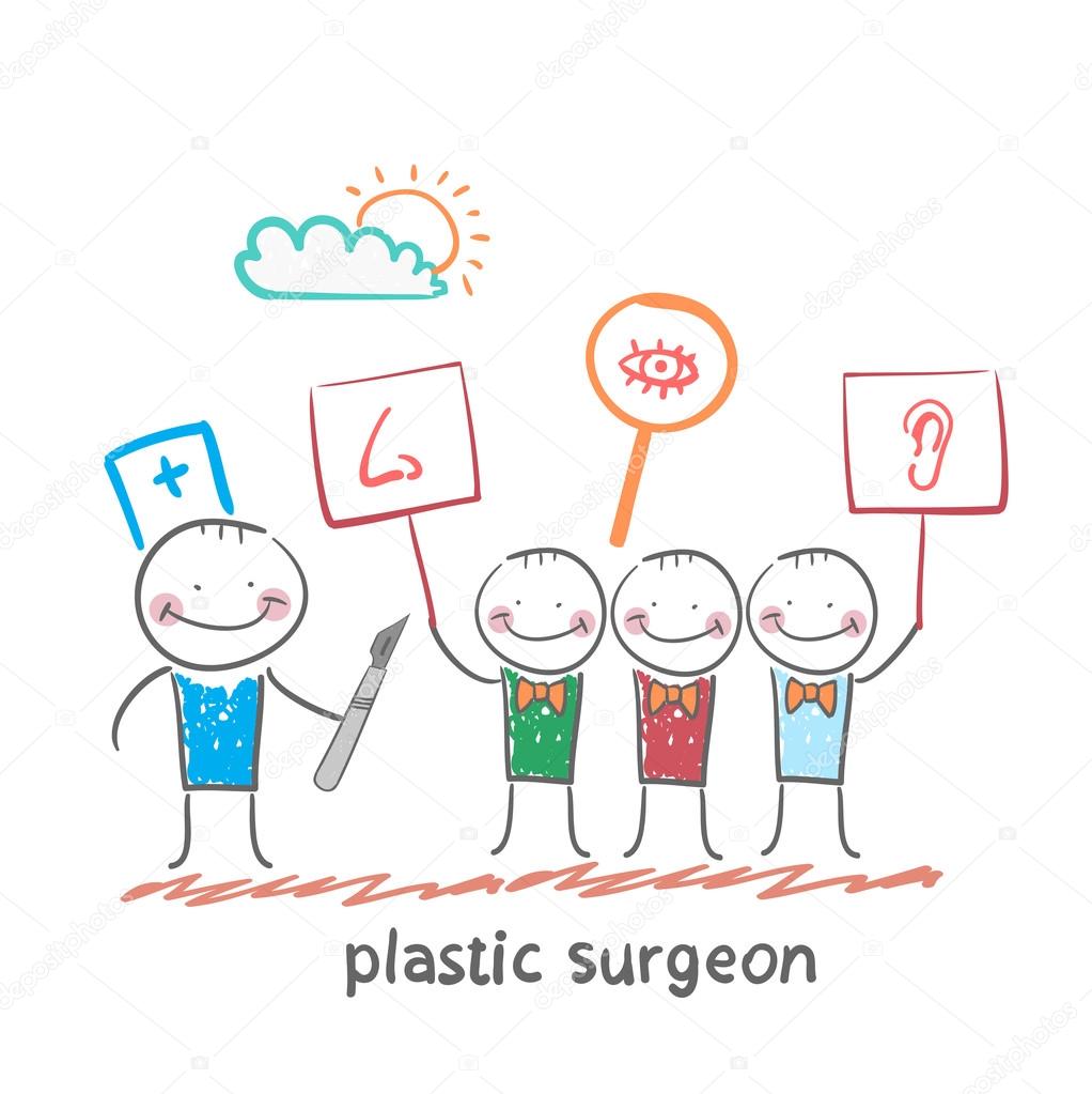 Plastic surgeon  looks at people with placards