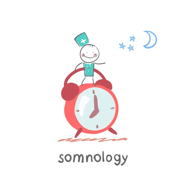 Somnology stands near alarm — Stock Vector