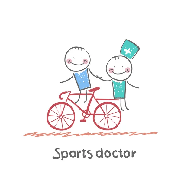 Médico de esportes monta uma bicicleta —  Vetores de Stock