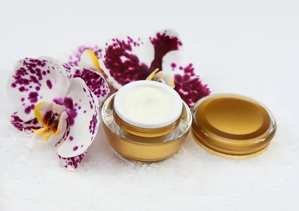 Face and body cream  with orchid and  sea salt on white background — Stock Photo, Image