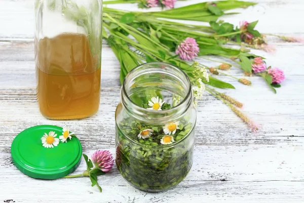 Olio biologico a base di erbe aromatiche e olio d'oliva — Foto Stock