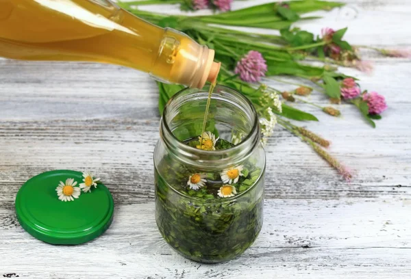 Minyak organik herbal yang terbuat dari herbal dan minyak zaitun — Stok Foto