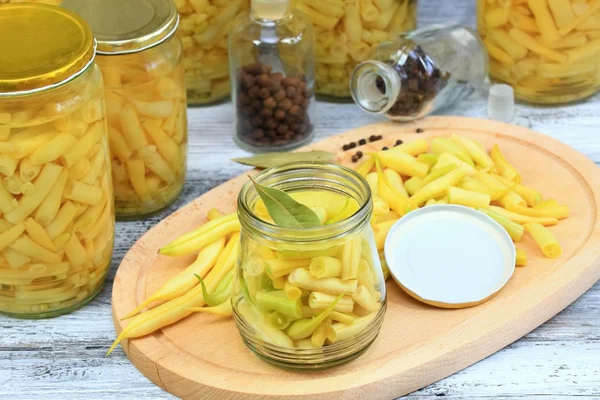 Homemade preserved yellow beans in spicy  pickle — Stock Photo, Image