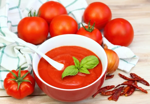 Ketchup de tomate en tazón rojo —  Fotos de Stock