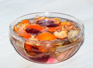 Kapalı alanda bitki ve çiçekleri gübrelemek için çevre dostu ve ucuz bir yol. Muz, mandalina, soğan ve pancar kabukları suyla dolu bir kasede iki gün kalabilirler.. 