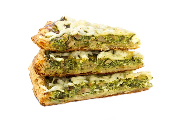 Three pieces of traditional greek spinach pie with goat cheese — Stock Photo, Image