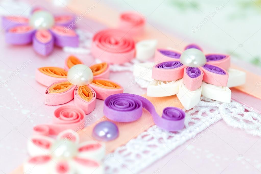 Closeup of pink quilling paper flowers