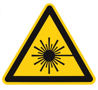 Radyasyon tehlikesi Emanet tehlikeyi işareti etiket etiket, yüksek güç ışın simge tabela, izole Siyah üçgen sarı, büyük makro portre üzerinde uyarı lazer