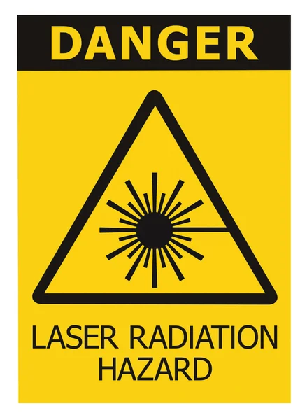 Laser radiation hazard safety danger warning text sign sticker label, high power beam icon signage, isolated black triangle over yellow, large macro closeup — Stock Photo, Image