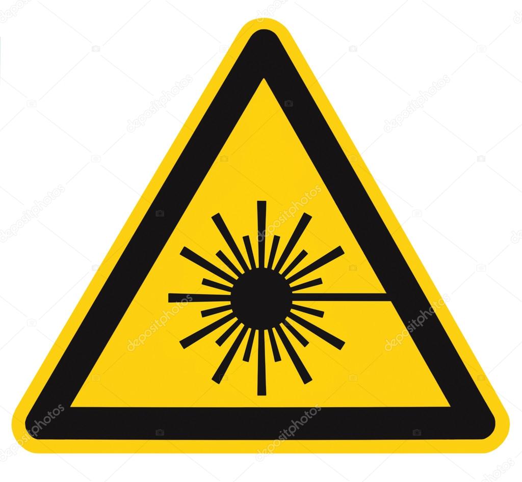 Laser radiation hazard safety danger warning sign sticker label, high power beam icon signage, isolated black triangle over yellow, large macro closeup