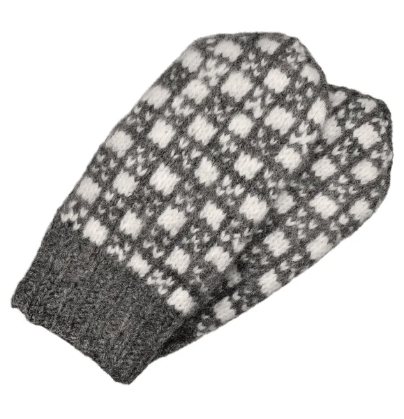 Γκρι mitten ζευγάρι απομονωθεί, γκρίζα λευκό ελαστικοποιημένων μάλλινα γάντια μοτίβο, πλεκτά λεπτομέρεια fingerless γάντια χειμώνα ζεστό μαλλί, μεγάλο λεπτομερή εκλεκτής ποιότητας υφή closeup μακροεντολή — Φωτογραφία Αρχείου