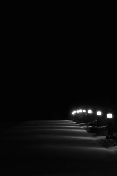 Beleuchtete schneebedeckte Parkwegleuchten, hell erleuchtete weiße Straßenlaternen Laternen Laternen Reihe Perspektive in der Nacht, erster Winterschnee auf immergrünen Sträuchern, hell leuchtende Gehlampen, Einsamkeit Konzept Einsamkeit Metapher, senkrecht verlassen — Stockfoto