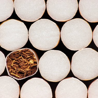 Yığılmış Filtre Sigaraları, Makro Kapanış Şablonu, Sigara Bağımlılığı Konsepti, Geniş Ayrıntılı Yatay Sigara Yığını Özgeçmişi