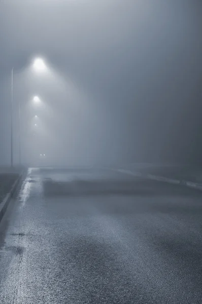 Luzes de rua, noite enevoada nebulosa, lanternas de poste de lâmpada, estrada deserta em neblina, asfalto asfáltico molhado, faróis de carro se aproximando, chave azul — Fotografia de Stock