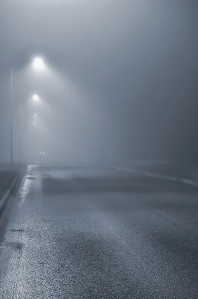 Luzes de rua, noite enevoada nebulosa, lanternas de poste de lâmpada, estrada deserta em neblina, asfalto asfáltico molhado, faróis de carro se aproximando, vertical, chave azul — Fotografia de Stock