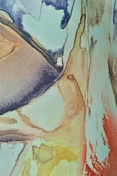 Pintura de acuarela abstracta, pintado vertical textura tela de seda fondo macro primer plano, impreso pastel turquesa, azul, beige, verde, rosa, rojo, violeta, púrpura, amarillo, marrón patrón vintage —  Fotos de Stock