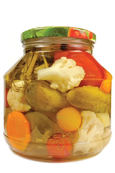Pickled canned vegetables homemade assortment, isolated glass jar, large detailed macro closeup studio shot, tomatoes, cucumbers, carrots, cauliflowers, dill, garlic peppers — Stock Image Pickled canned vegetables homemade assortment, isolated glass jar, large detailed macro closeup studio shot, tomatoes, cucumbers, carrots, cauliflowers, dill, garlic peppers Stock Image