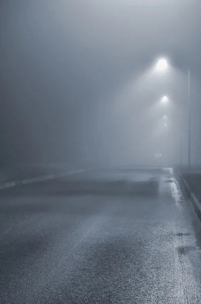 Street lights, foggy misty night, lamp post lanterns, deserted road in mist fog, wet asphalt tarmac, car headlights approaching, blue key