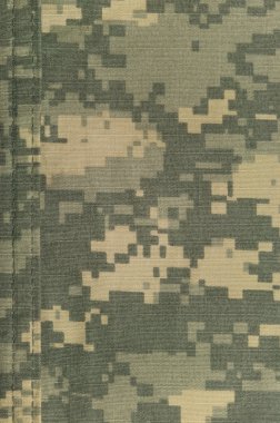 Evrensel kamuflaj desen ordu savaş Tekdüzen dijital camo çift iplik dikiş ABD askeri Acu makro closeup RIP-stop kumaş doku arka plan, yeşil, çöl tan, kentsel Nyco, naylon pamuk dikey