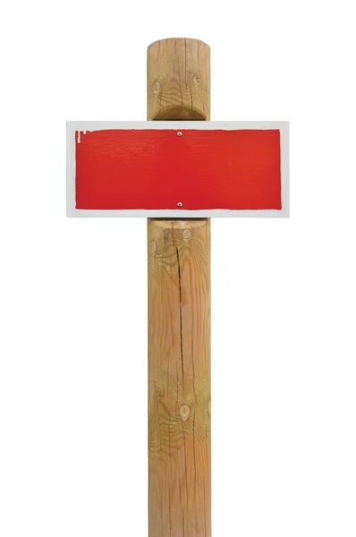 Piros festett tiltó figyelmeztető jel board fém signage fehér keret faoszlop post másol hely háttér régi éves elszigetelt üres üres jelzőtábla lemez signpost vintage grunge bézs fa — Stock Fotó