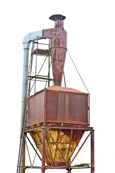 Dust purification cyclone air vortex separation separator, old aged abandoned weathered rusty isolated air cones, ducts, rusted installation — Stock Photo, Image