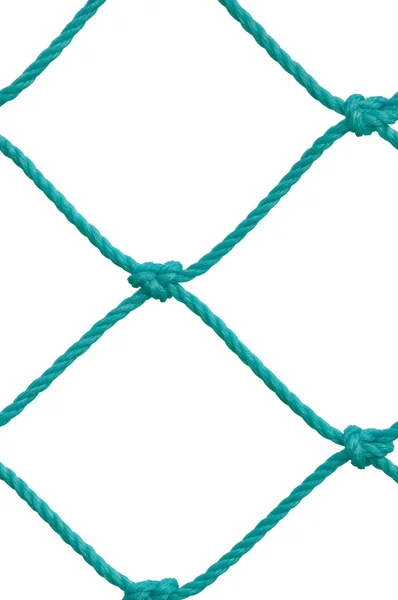 Fútbol portería de fútbol Post Set Net Rope Detalle, Nuevo verde Goalnet malla cuerdas nudos patrón, Vertical Macro Primer plano, aislado grande detallado en blanco vacío copia espacio fondo — Foto de Stock