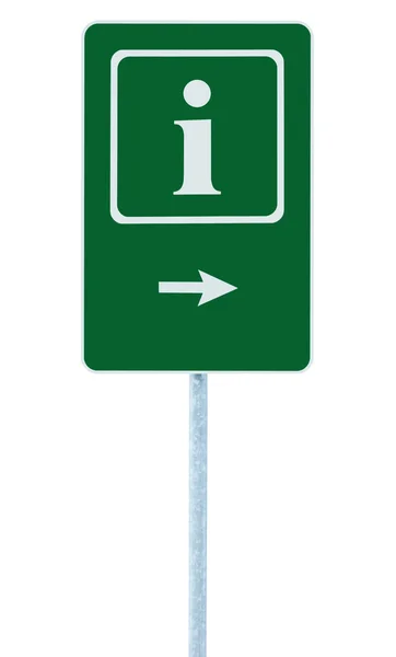 Info sign in green, white i letter icon and frame, right hand pointing arrow, isolated roadside information signage on pole post, large detailed framed roadsign closeup — Stock Photo, Image