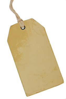 Pricetag rozet, izole Grungy makro Closeup dikey kopya alanı boş bej Vintage karton Satılık etiketi, boş Grunge fiyat etiket