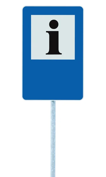 Info sign in blue, black i letter icon, white frame, blank empty copy space background, isolated roadside information signage on pole post, large detailed framed roadsign closeup — Stock Photo, Image