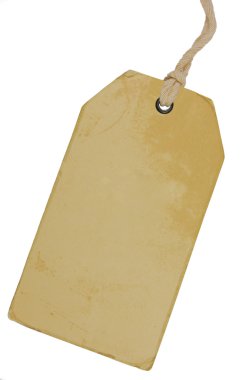 Pricetag rozet, izole Grungy makro Closeup dikey kopya alanı boş bej Vintage karton Satılık etiketi, boş Grunge fiyat etiket