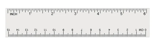 White transparent ruler isolated inches centimeters centimetres millimeters millimetres imperial and metric millimetre distance length units, cm mm marks detailed macro closeup, black numbers plastics — Stock Photo, Image