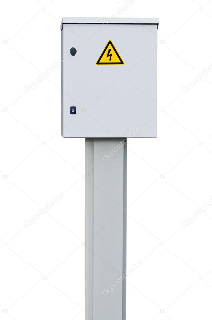 Power distribution wiring switchboard panel outdoor unit, grey brand new distributing board compartment box, gray cabinet, yellow high voltage warning triangle sign, large detailed isolated closeup
