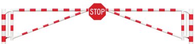 Gated Road Barrier Closeup, Octagonal Stop Sign, Roadway Gate Bar Bright White Red, Traffic Entry Stop Block And Vehicle Security Point Gateway Gated Isolated Closed Way Entrance Checkpoint Halt Octagon Roadsign Signage Warning Symbol Restricted Area