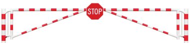 Gated Road Barrier Closeup, Octagonal Stop Sign, Roadway Gate Bar Bright White Red, Traffic Entry Stop Block And Vehicle Security Point Gateway Gated Isolated Closed Way Entrance Checkpoint Halt Octagon Roadsign Signage Warning Symbol Restricted Area clipart