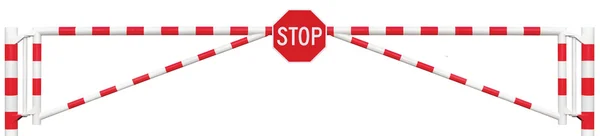 Gated Road Barrier Closeup, Octagonal Stop Sign, Roadway Gate Bar Bright White Red, Traffic Entry Stop Block And Vehicle Security Point Gateway Gated Isolated Closed Way Entrance Checkpoint Halt Octagon Roadsign Signage Warning Symbol Restricted Area