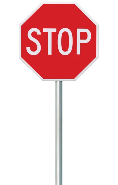 Red Stop Sign, Isolated Traffic Regulatory Warning Signage Octagon, White Octagonal Frame, Metallic Post, Large Detailed Vertical Closeup — Stock Photo, Image
