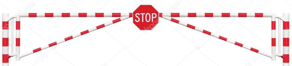 Gated Road Barrier Closeup, Octagonal Stop Sign, Roadway Gate Bar Bright White Red, Traffic Entry Stop Block And Vehicle Security Point Gateway Gated Isolated Closed Way Entrance Checkpoint Halt Octagon Roadsign Signage Warning Symbol Restricted Area