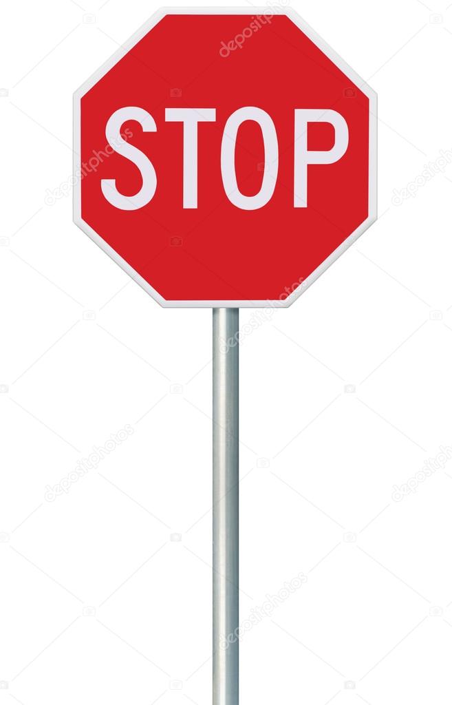 Red Stop Sign, Isolated Traffic Regulatory Warning Signage Octagon, White Octagonal Frame, Metallic Post, Large Detailed Vertical Closeup