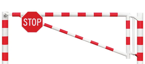 Gated Road Barrier Closeup Octagonal Stop Sign, Roadway Gate Bar In Bright White Red Traffic Entry Stop Block And Vehicle Security Point Gateway Isolated Closed Way Entrance Checkpoint, Halt Octagon Roadsign Signage Warning Symbol, Restricted Area — Stock Photo, Image