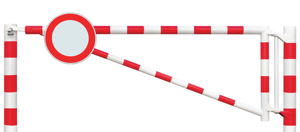 Gated Road Barrier Closeup, Round No Vehicles Sign, Roadway Gate Bar In Bright White And Red, Traffic Entry Stop Block And Vehicle Security Point Gateway, Isolated Closed Way Entrance Checkpoint, Halt Roadsign Signage Warning Symbol, Restricted Area