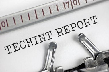Technical intelligence (acronym TECHINT) report text, large horizontal macro closeup, typewriter typed enemy weaponry data analysis reporting document, crucial technology intel information collection concept, detailed retro metaphor