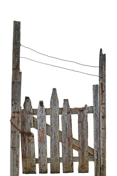 Oude leeftijd verweerde Rural geruïneerde grijze houten hek, geïsoleerde Gray hout tuin hek gesloten ingang Gateway, grote gedetailleerde verticale close-up — Stockfoto